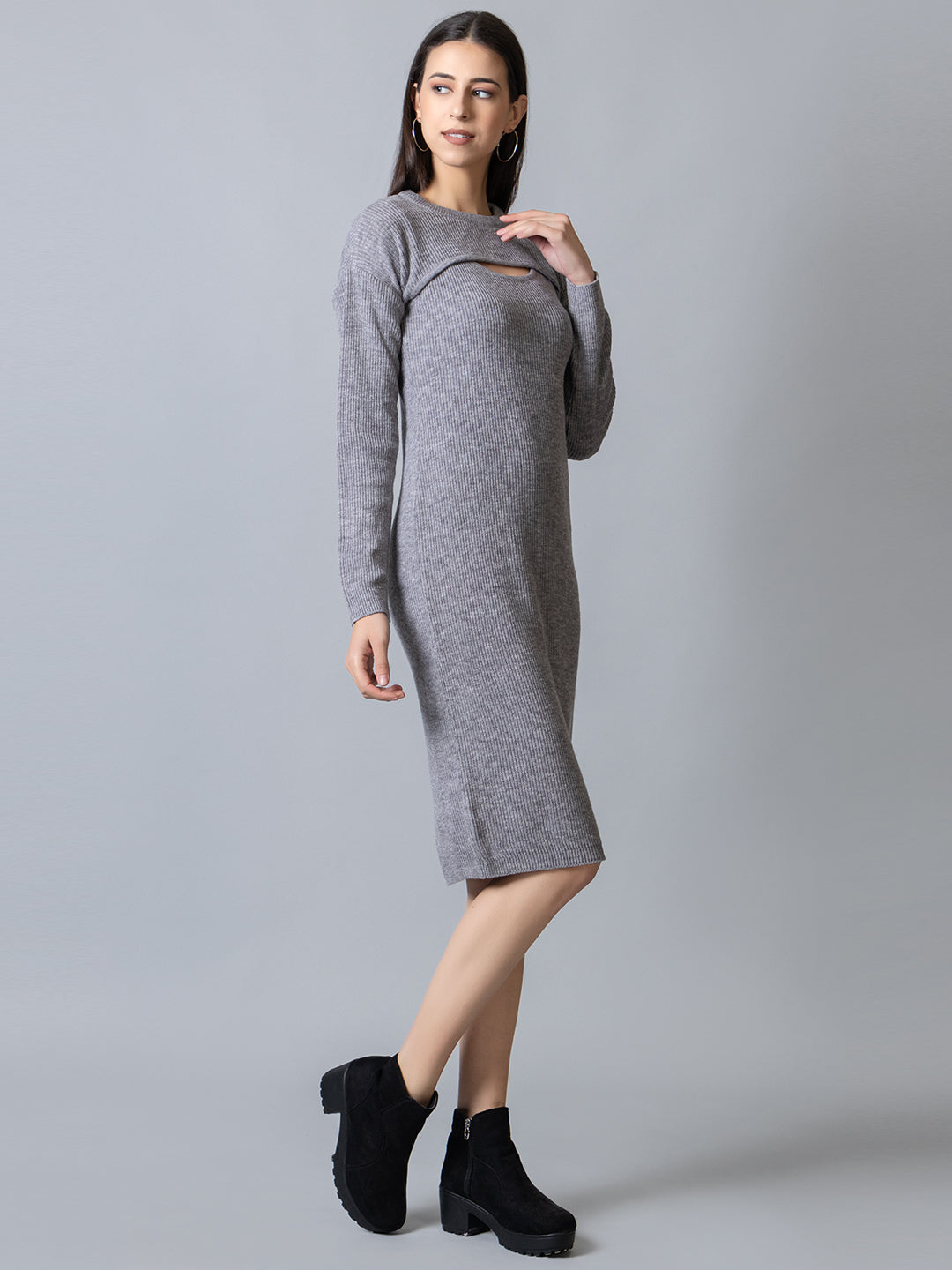 Grey Melange Round Neck Dress