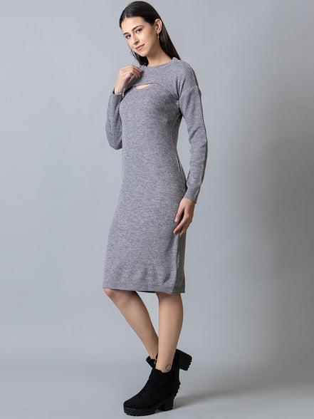 Grey Melange Round Neck Dress