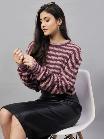 Pink Striped Round Neck Sweater