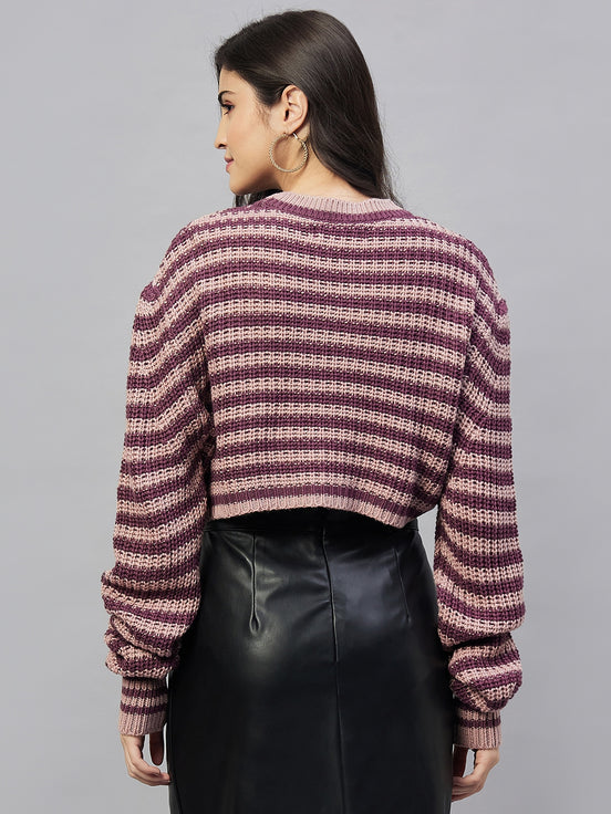 Pink Striped Round Neck Sweater