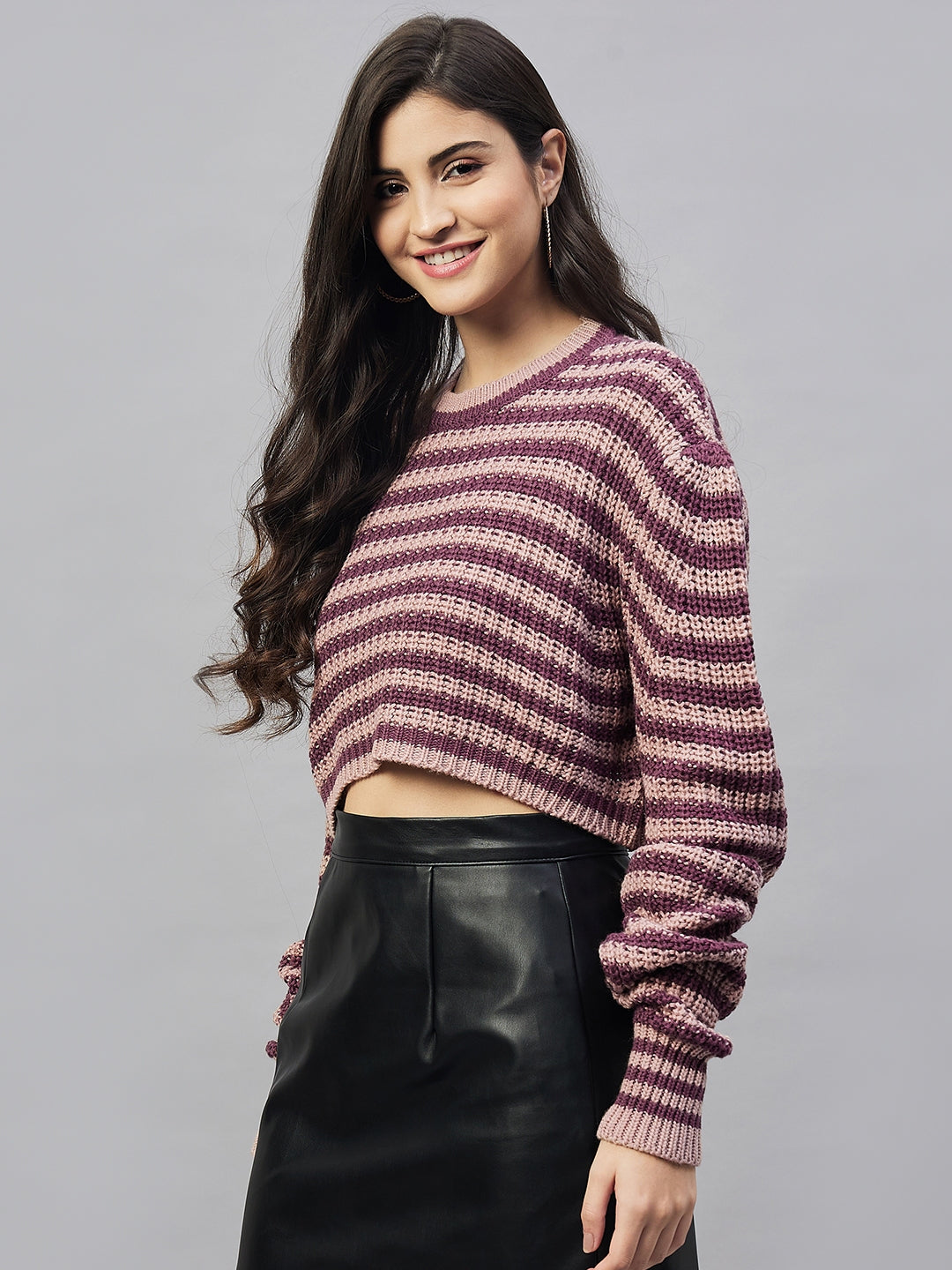 Pink Striped Round Neck Sweater