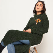 Olive Embroidered Long Kurti