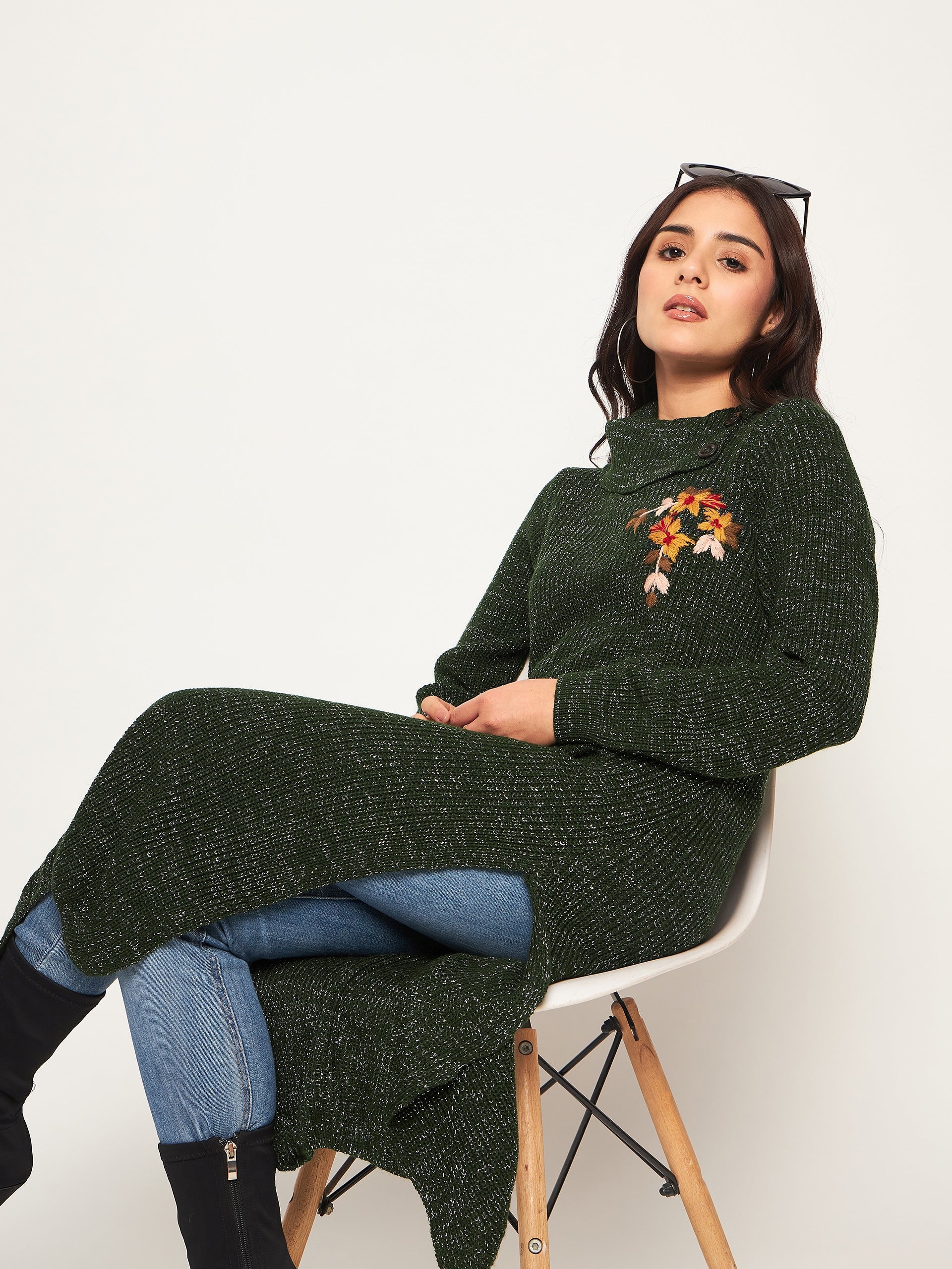 Olive Embroidered Long Kurti