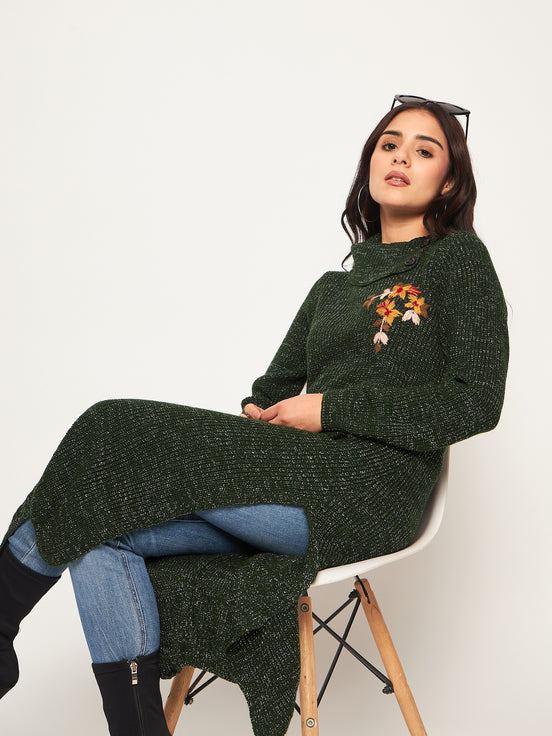 Olive Embroidered Long Kurti