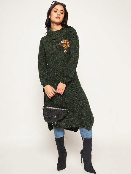 Olive Embroidered Long Kurti