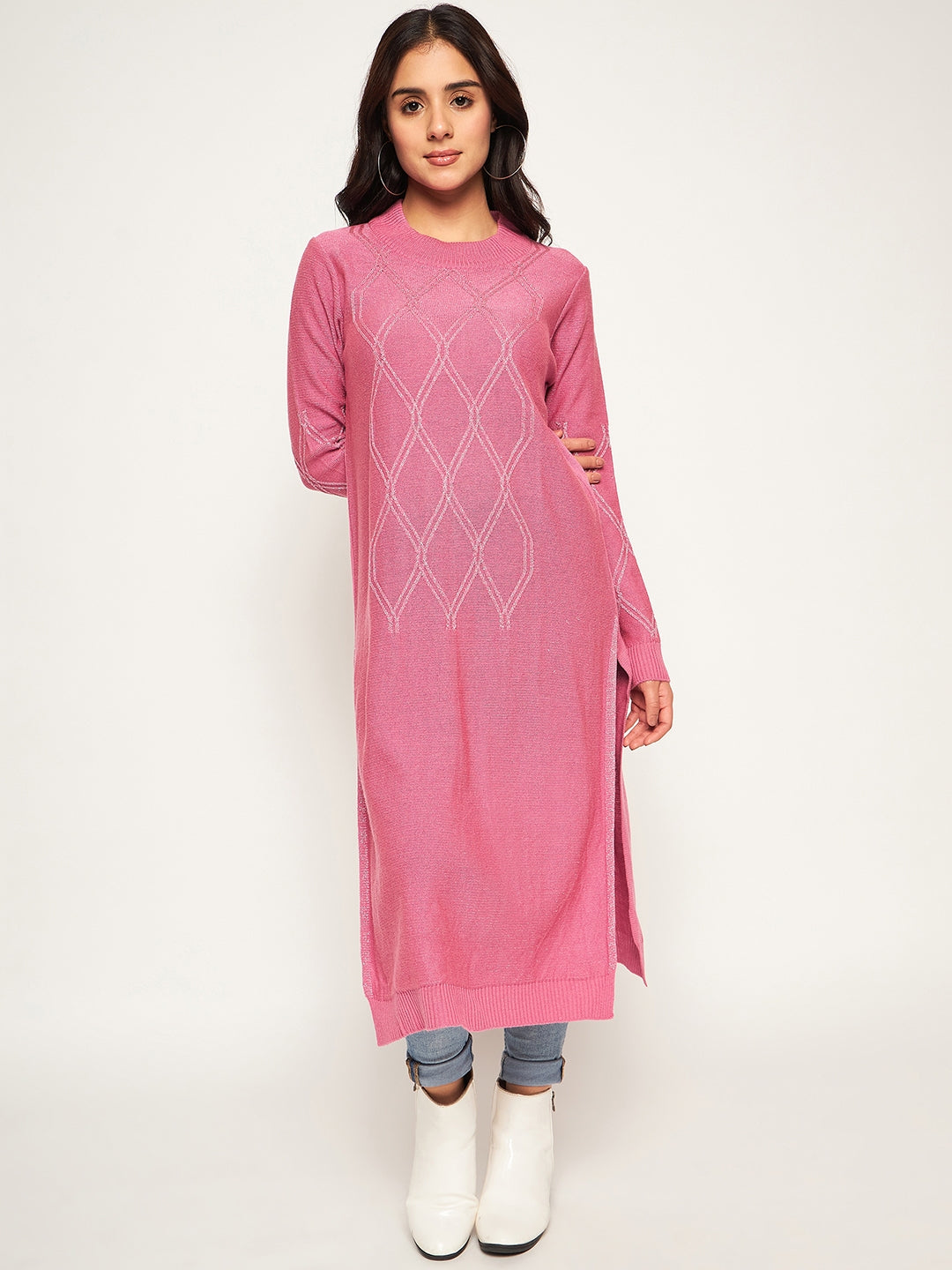 Pink Self Design Long Kurti