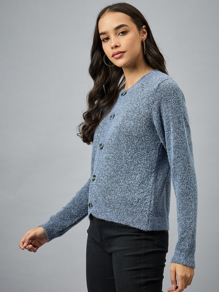 Blue Round Neck Cardigan