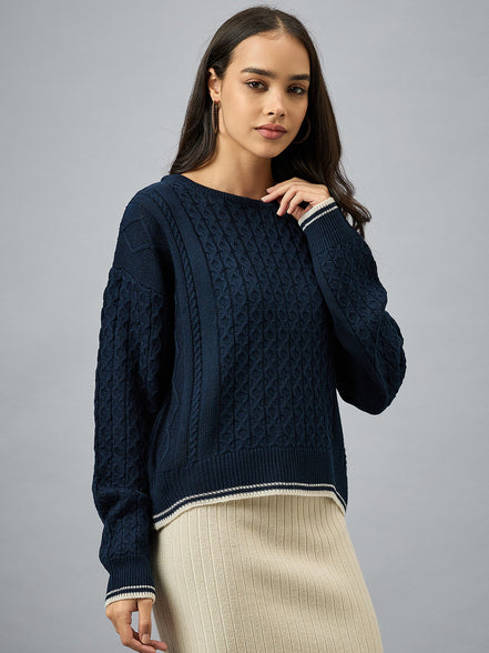 Navy Blue Solid Sweater