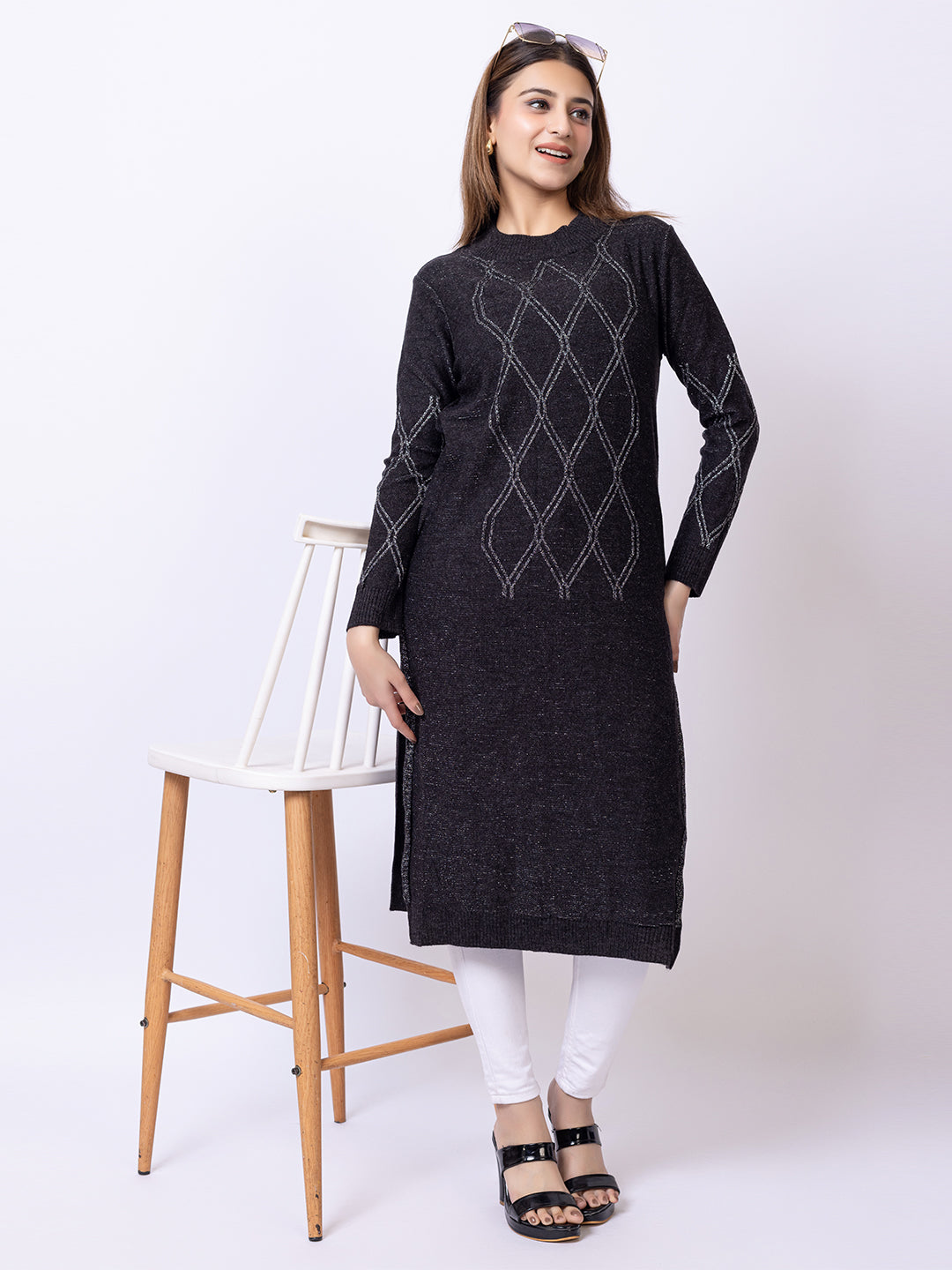 Dark Grey Self Design Kurti