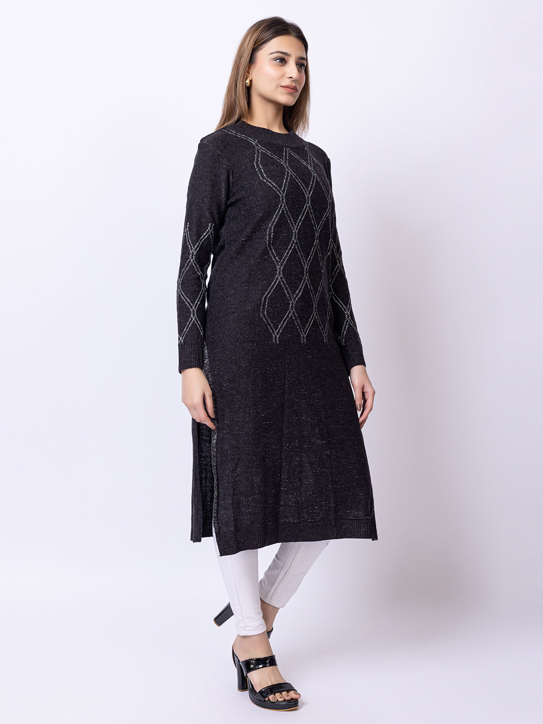 Dark Grey Self Design Kurti