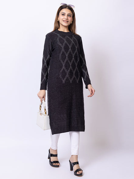 Dark Grey Self Design Kurti