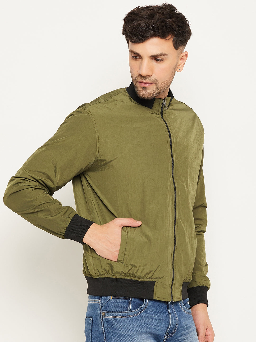 Olive Mock Neck  Front Zipper Jacket