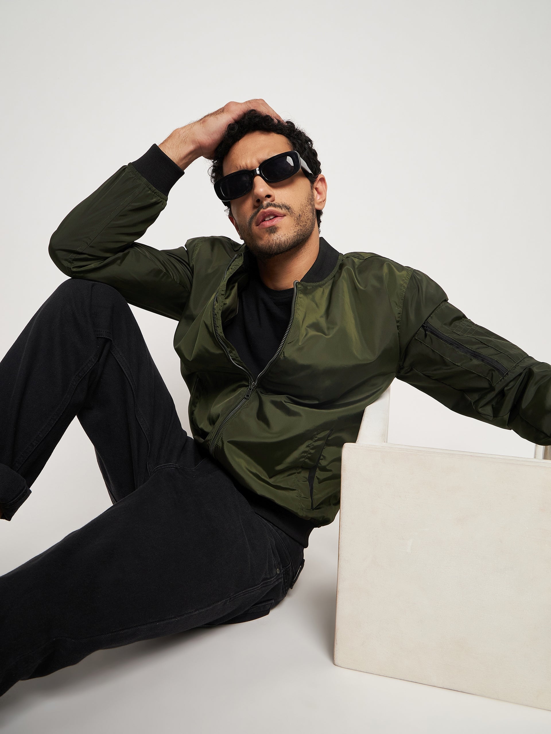 Olive Mock Neck Front Zipper Jacket