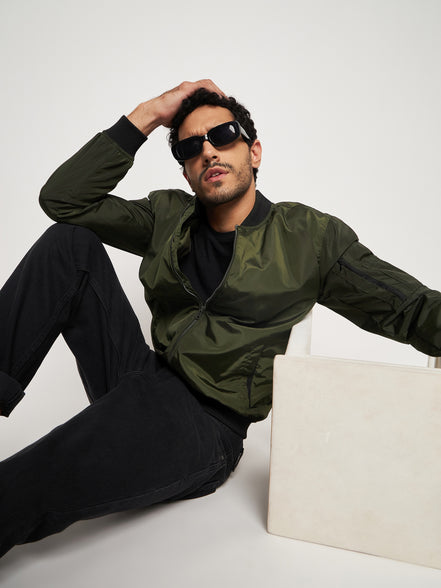 Olive Mock Neck Front Zipper Jacket