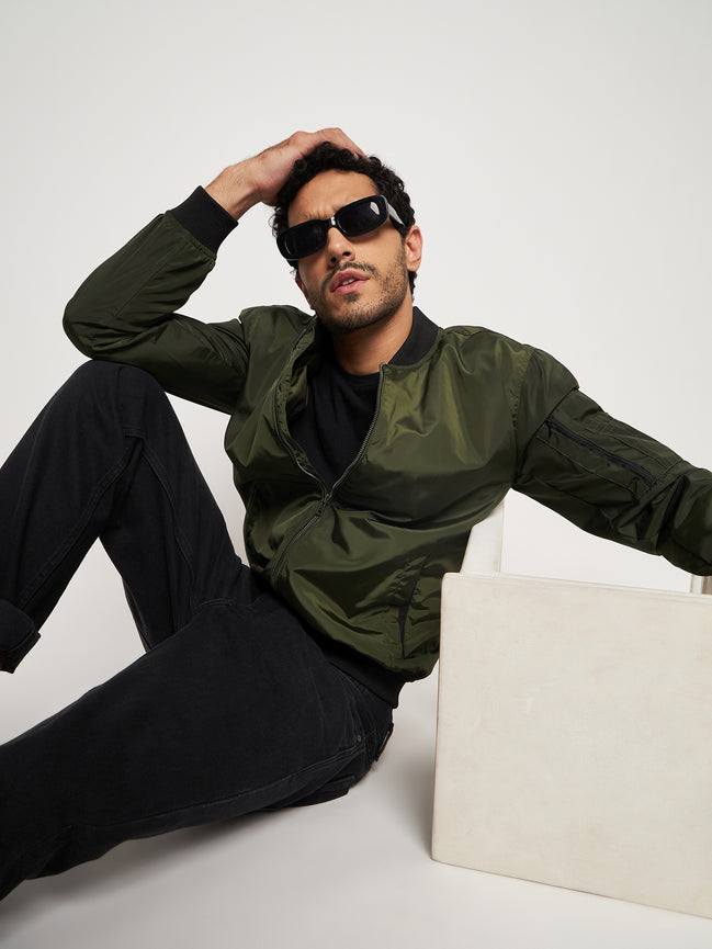 Olive Mock Neck Front Zipper Jacket