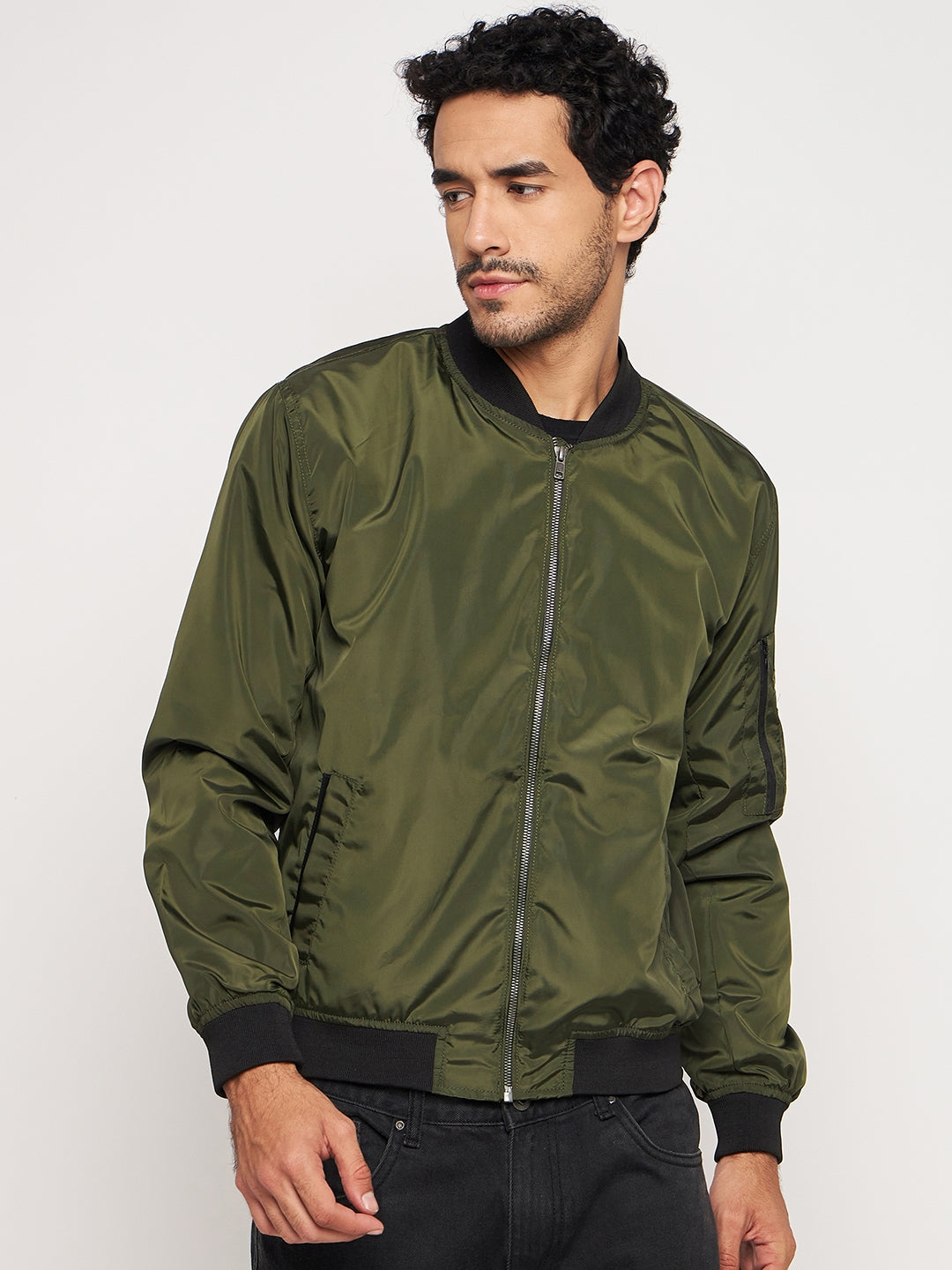 Olive Mock Neck Front Zipper Jacket