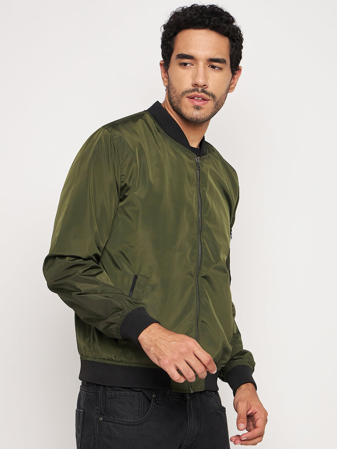Olive Mock Neck Front Zipper Jacket
