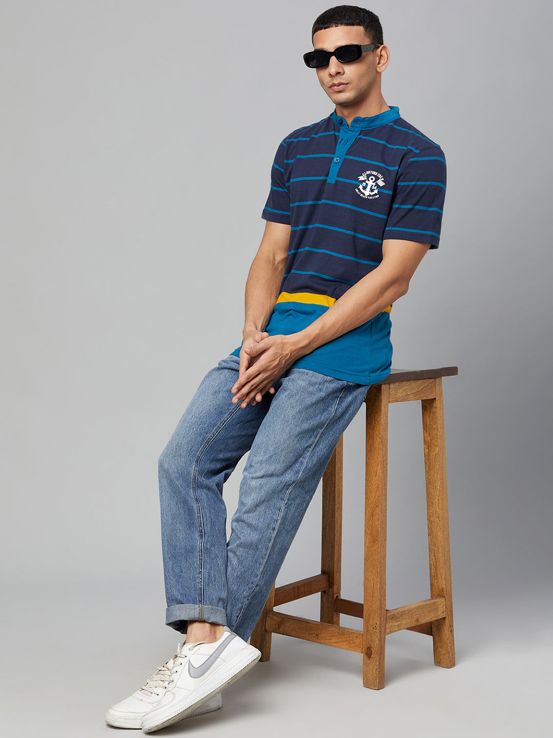 Navy Blue Mandarin Collar T-shirt
