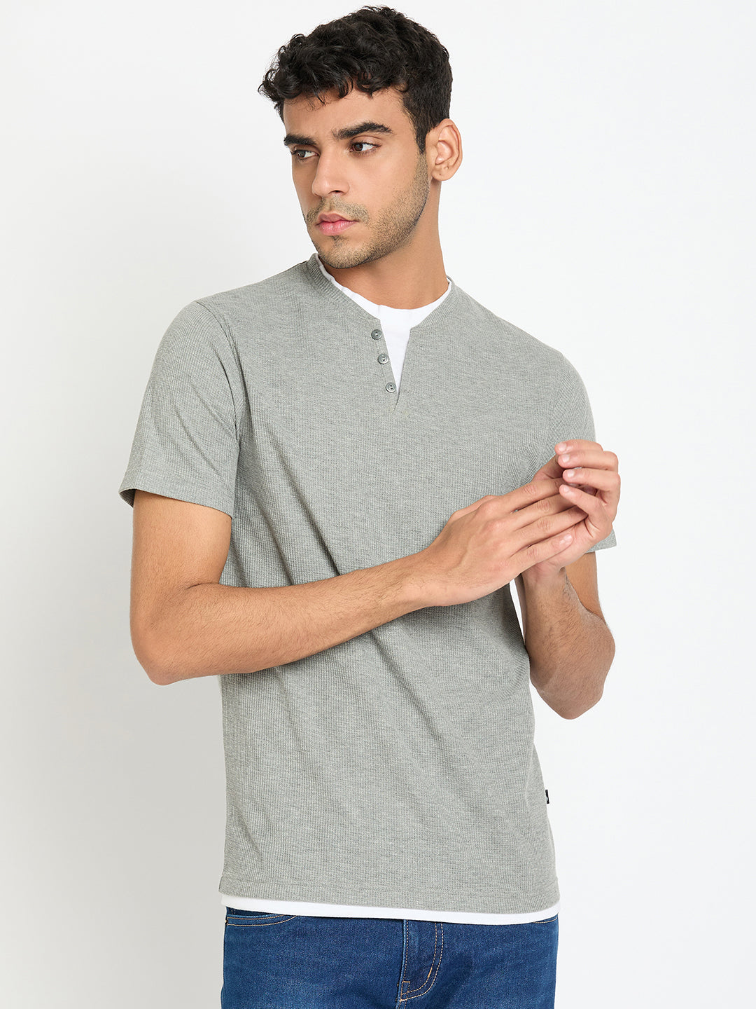 Light Grey Solid V Neck T-Shirt