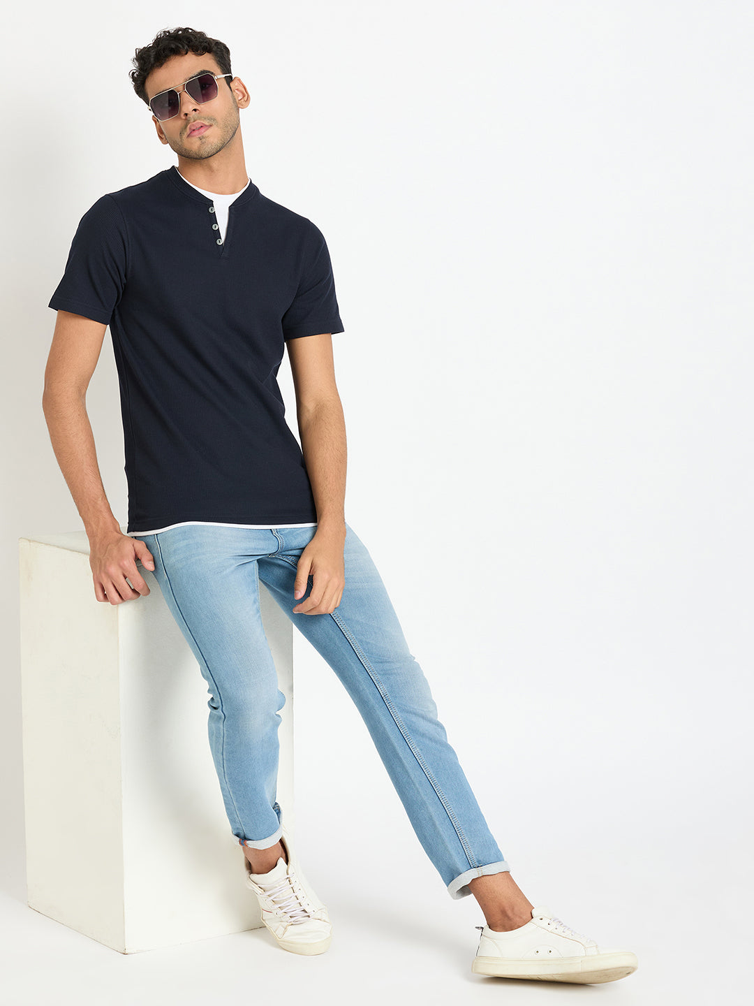 Navy Blue Solid V Neck T-Shirt