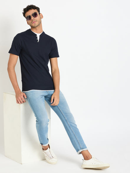 Navy Blue Solid V Neck T-Shirt