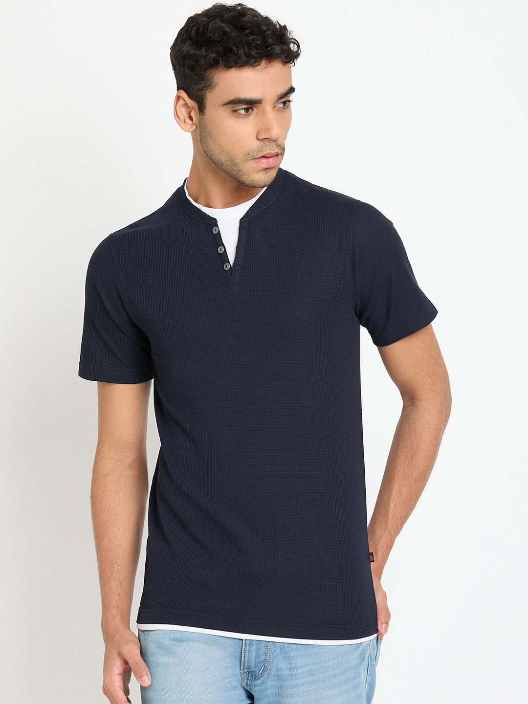 Navy Blue Solid V Neck T-Shirt