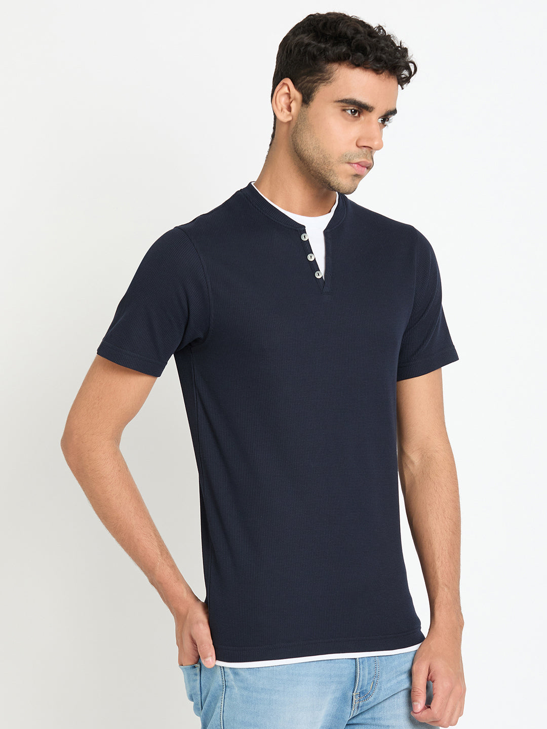 Navy Blue Solid V Neck T-Shirt