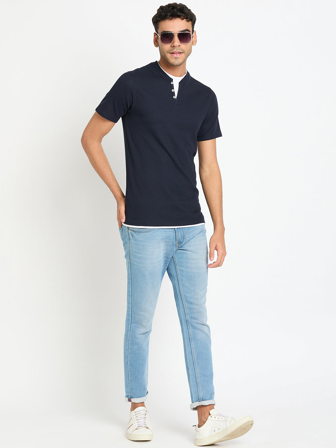 Navy Blue Solid V Neck T-Shirt
