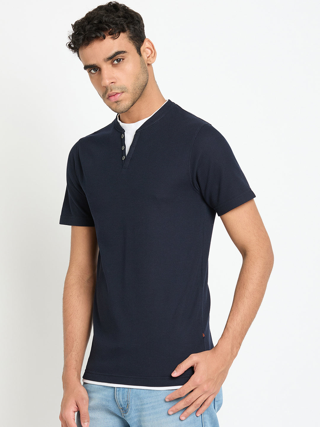 Navy Blue Solid V Neck T-Shirt