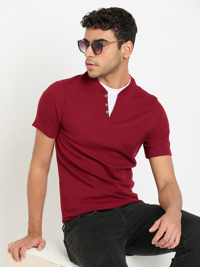 Wine Solid V Neck T-Shirt