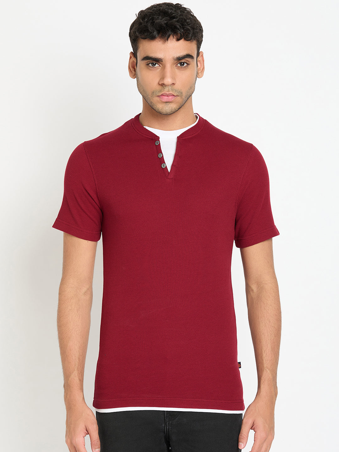 Wine Solid V Neck T-Shirt