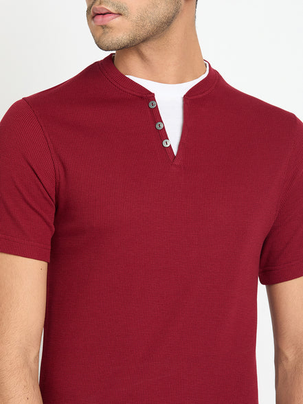 Wine Solid V Neck T-Shirt