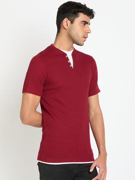 Wine Solid V Neck T-Shirt