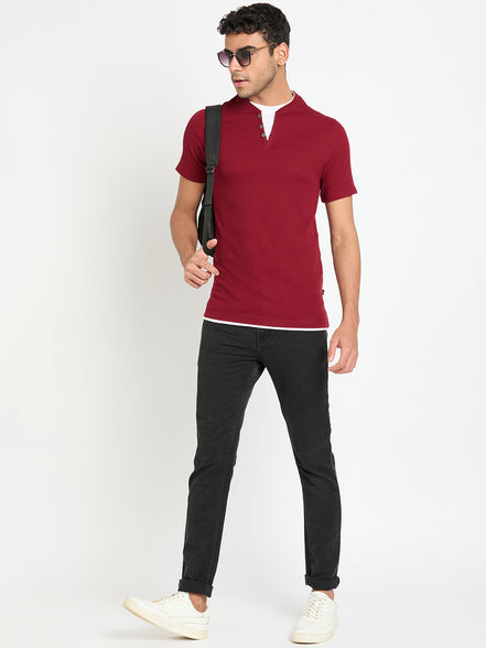 Wine Solid V Neck T-Shirt