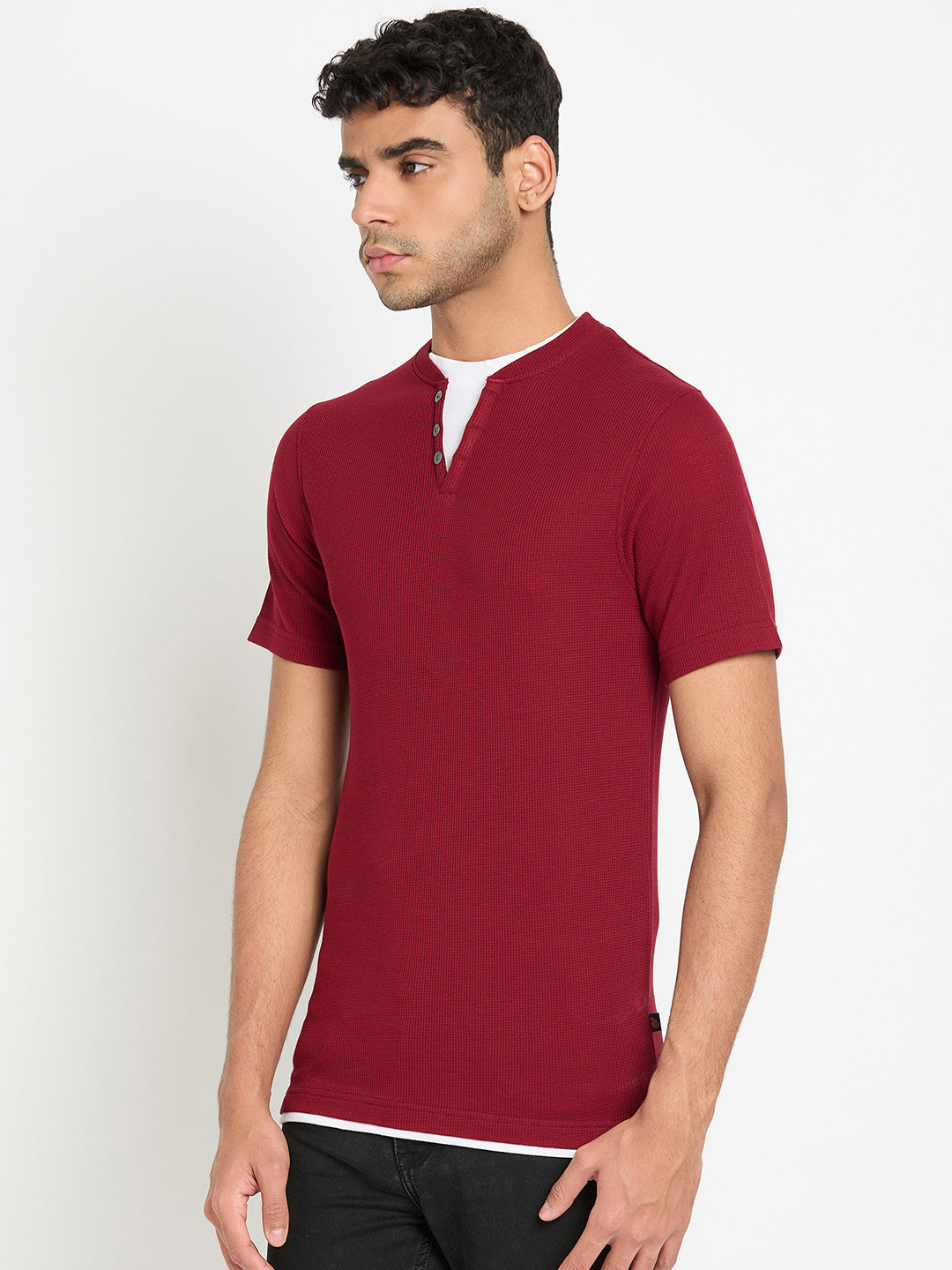 Wine Solid V Neck T-Shirt