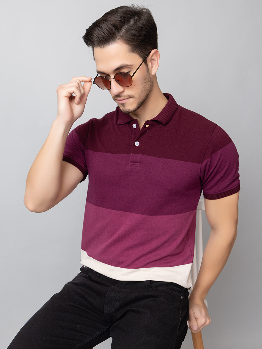 Maroon Colorblocked Polo Neck T-Shirt
