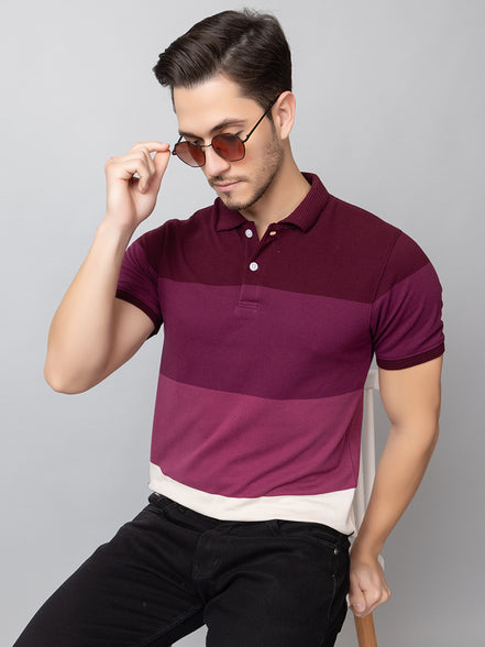 Maroon Colorblocked Polo Neck T-Shirt