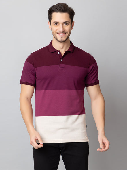 Maroon Colorblocked Polo Neck T-Shirt