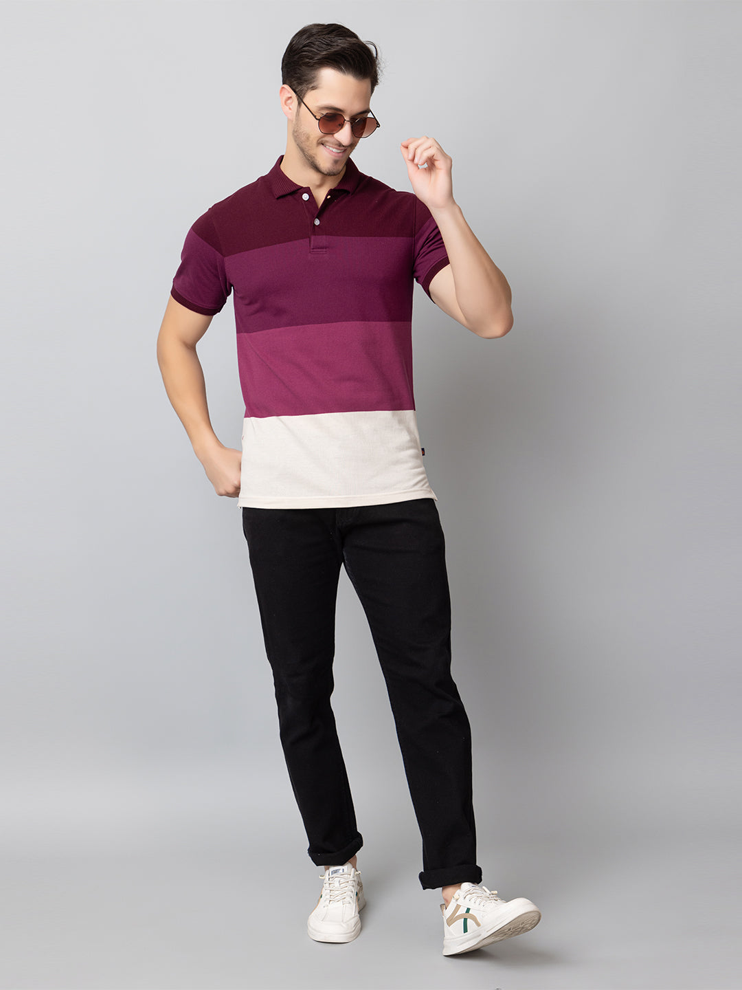 Maroon Colorblocked Polo Neck T-Shirt