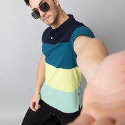 Navy Colorblocked Polo Neck T-Shirt
