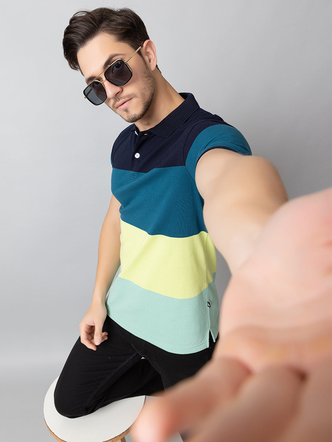 Navy Colorblocked Polo Neck T-Shirt