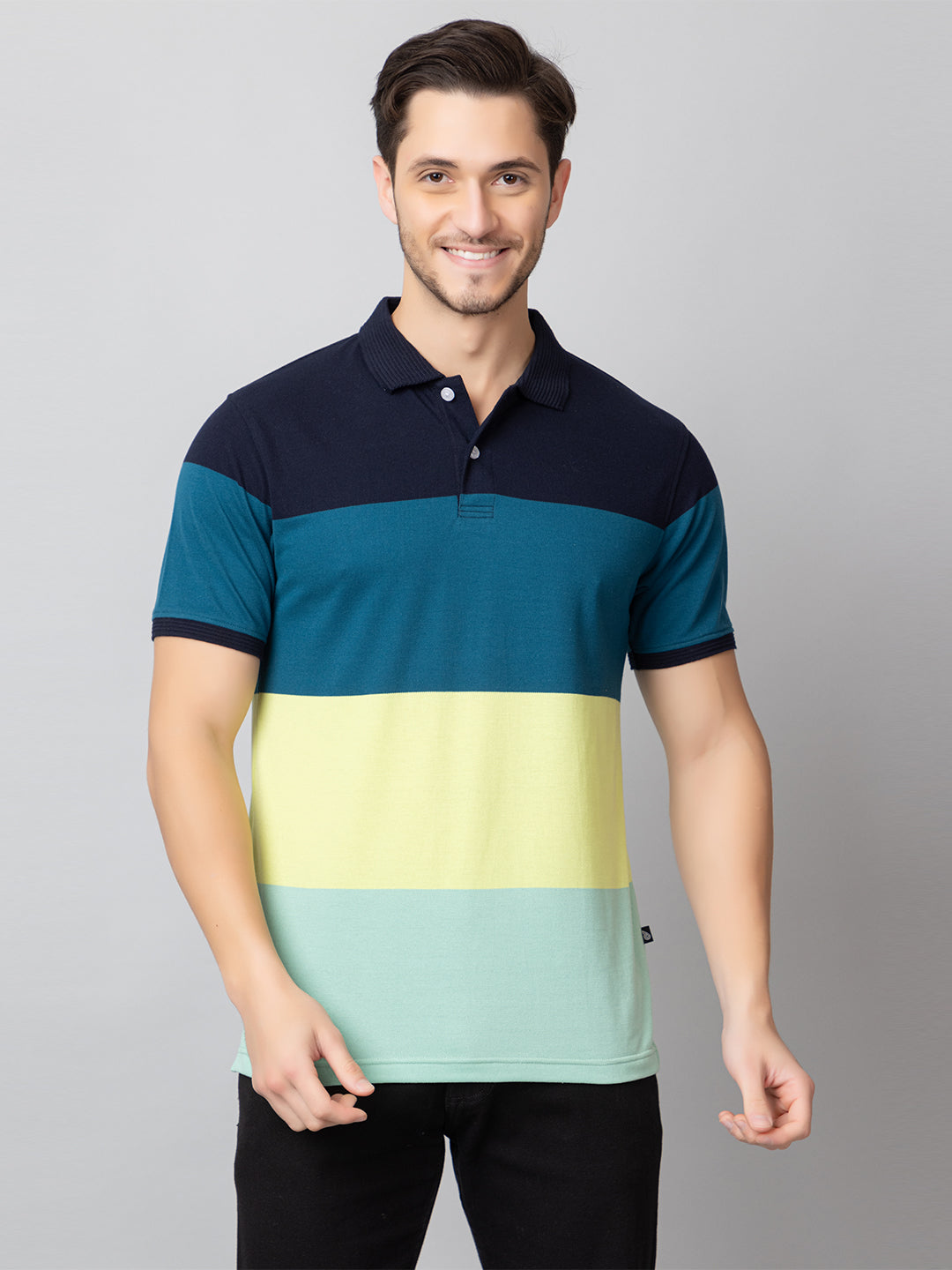 Navy Colorblocked Polo Neck T-Shirt