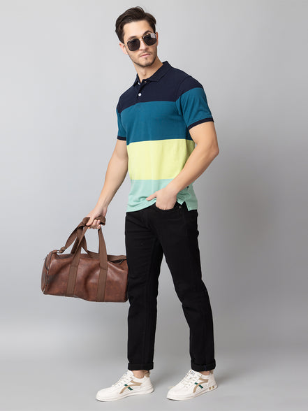 Navy Colorblocked Polo Neck T-Shirt