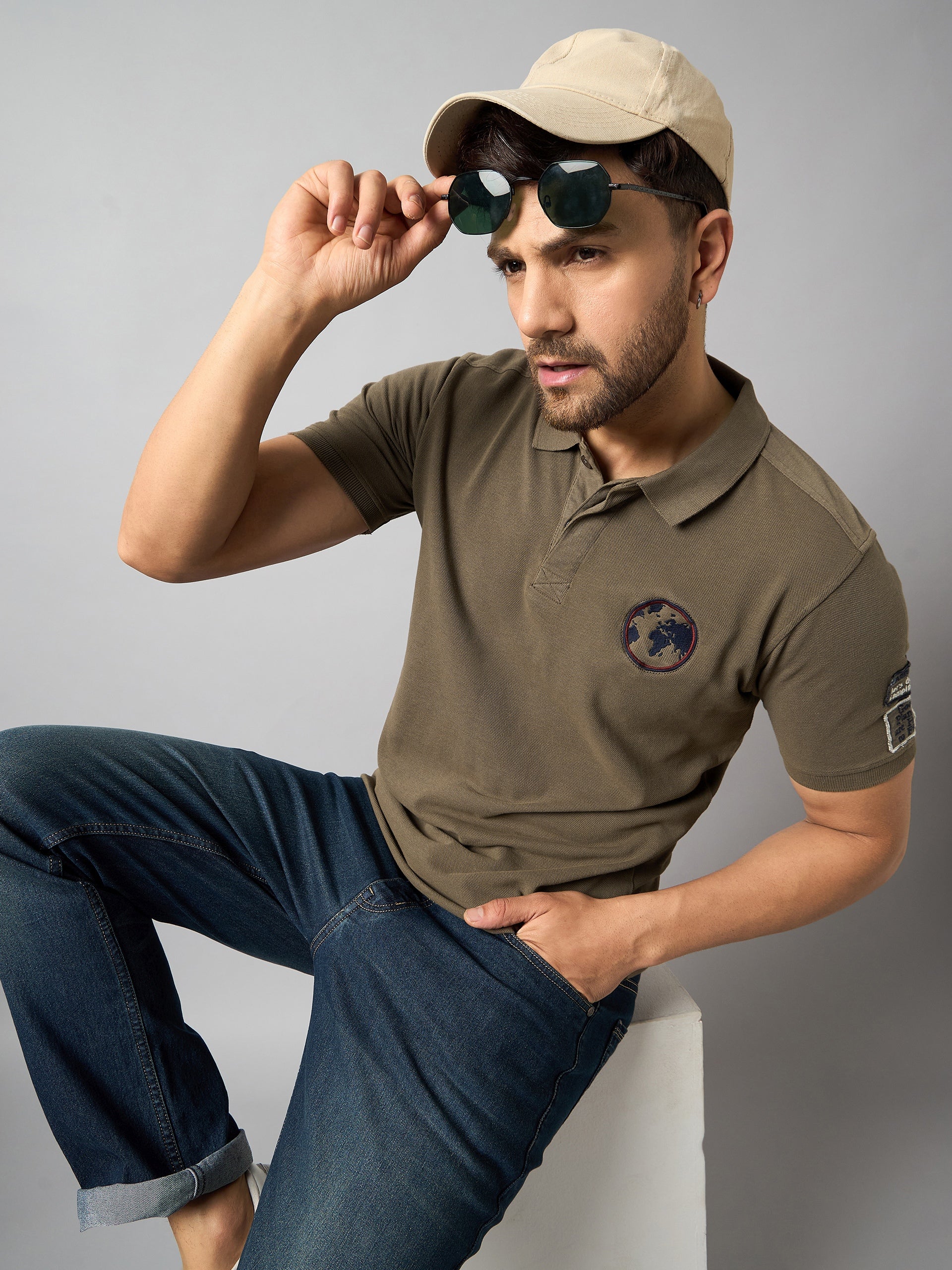 Light Brown Chest Embroidery T-Shirt