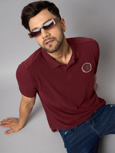 Maroon Chest Embroidery T-Shirt