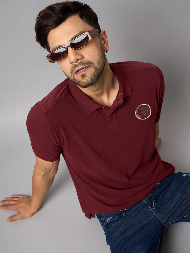 Maroon Chest Embroidery T-Shirt
