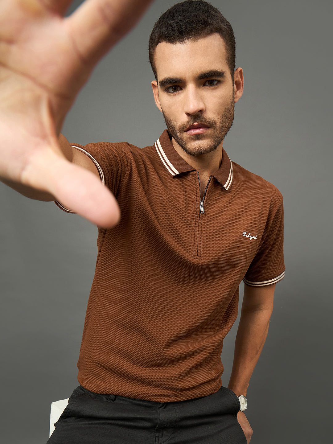 Club York Men Brown Polo neck T-Shirt