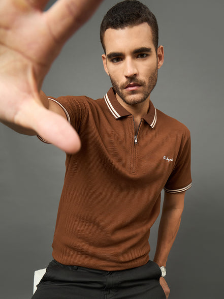 Club York Men Brown Polo neck T-Shirt