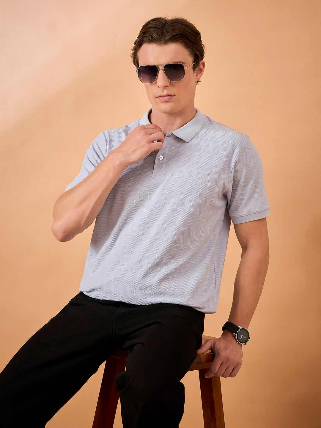 Men Lavender Check Regular Fit T-Shirt