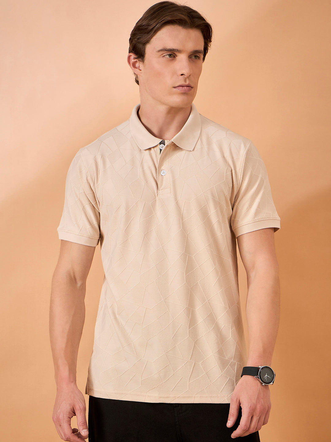 Men Beige Check Regular Fit T-Shirt